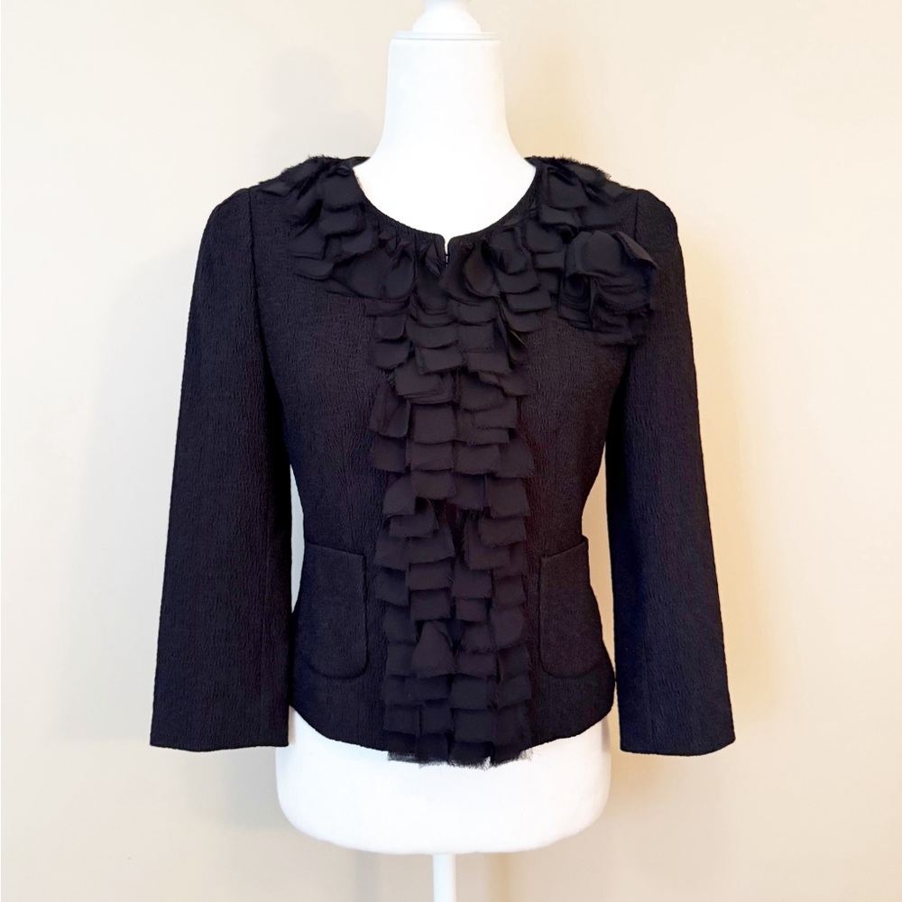 Ann Taylor Crepe Layered Sheer Fringe Jacket Sz 0